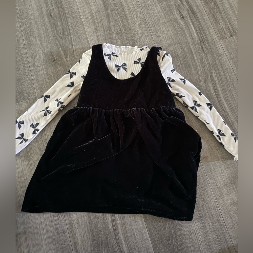 Carter's Black Velvet Dress with White Bow Sleeves
